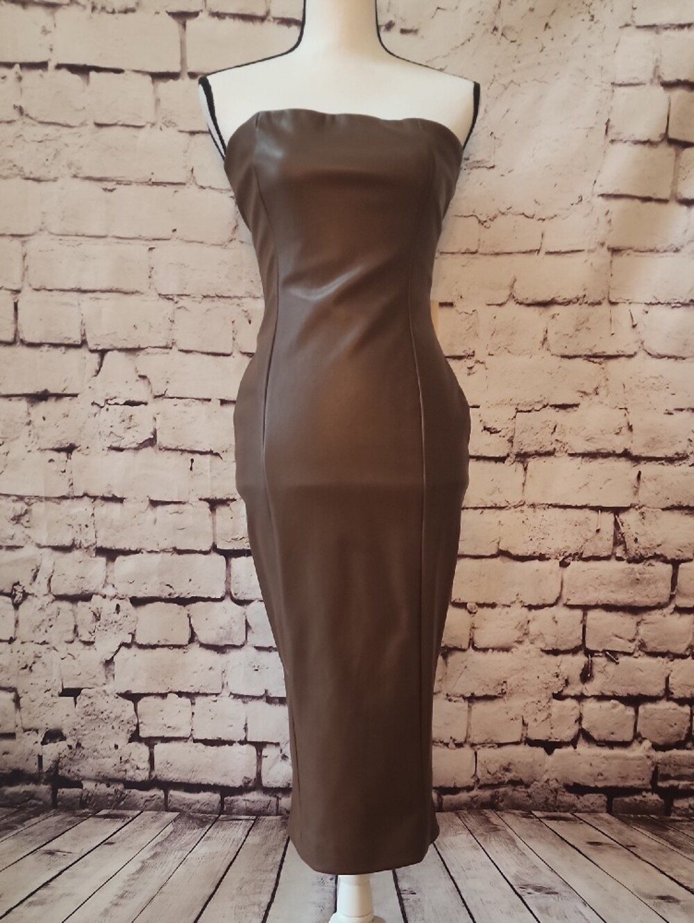 Meshki Pamela Chocolate Brown Faux Leather Strapless Midi Dress - Size S - NWT!